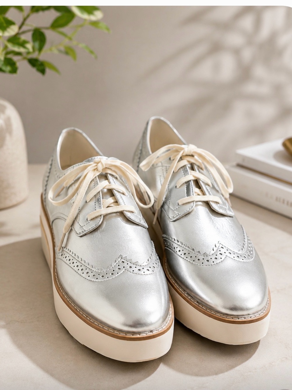 Cole Haan Silver Platform Wingtip Oxfords
